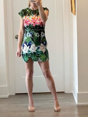 Divided Tropical Print mini Dress in Green with Multicolor Accents size Small